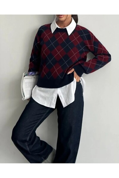 Souls Fruit سترة نسائية بحجم قياسي منقوشة بالألماس ورقبة دائرية باللون العنابي والأزرق الداكن