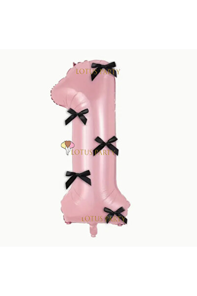 LOTUS PARTY بالون أرقام وردي مع شريط أسود - بالون أرقام وردي مع فيونكة سوداء لعمر سنة واحدة