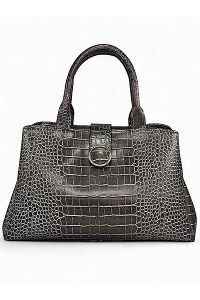 Evident Platinum Croco Patterned Tote Hand and Shoulder Women's Bag with Three Separate Zipper Compartments
