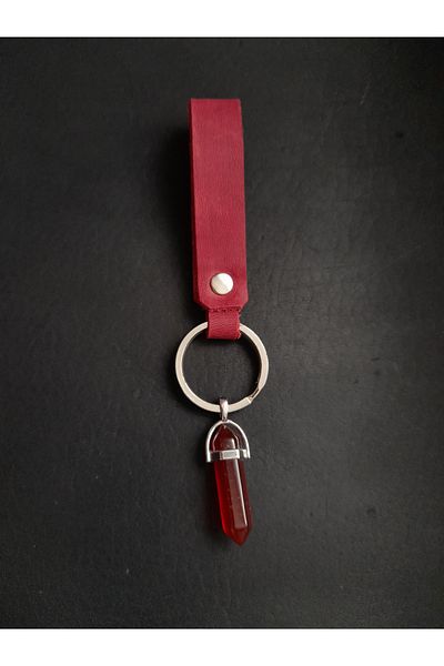 BSN Store سلسلة مفاتيح من الجلد الطبيعي باللون الأحمر مع حجر العقيق الطبيعي
