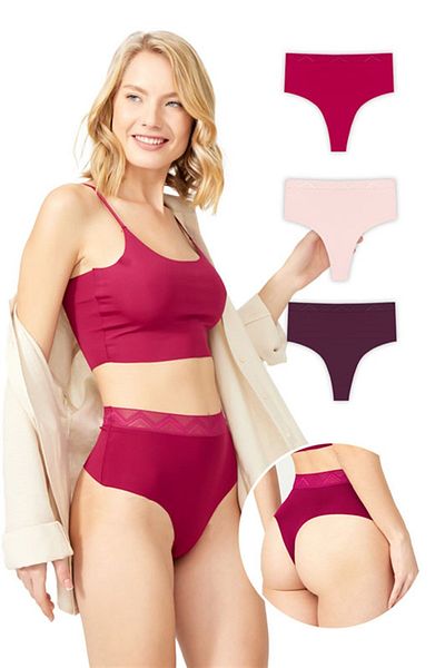 Cottonhill Basic High Waist Laser Cut Thong Panties 3 Pack - 3