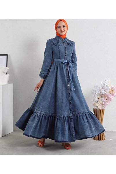 OlaLady Women's Skirt Flounces Balloon Sleeves Belted Denim Jeans Hijab Dress