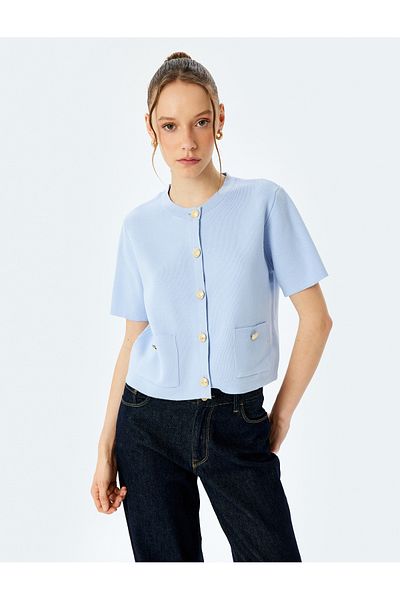 Koton New Season Short Sleeve Crew Neck Pocket Detailed Buttoned Knitwear Cardigan