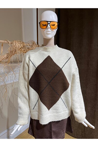 MODA سترة بنمط البقلاوة باللون البني الكريمي مقاس كبير