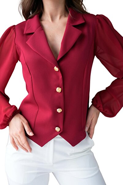 Moda Amore قميص نسائي بأكمام شيفون وأزرار أمامية 026