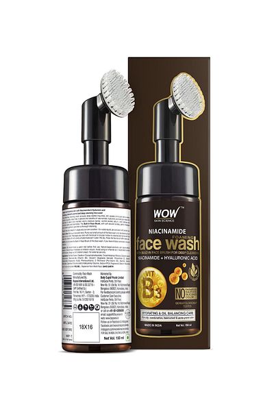 WOW Skin Science Niacinamide Facial Cleansing Foam 97.9% Natural Ingredient, Built-In Brush, Anti-Acne