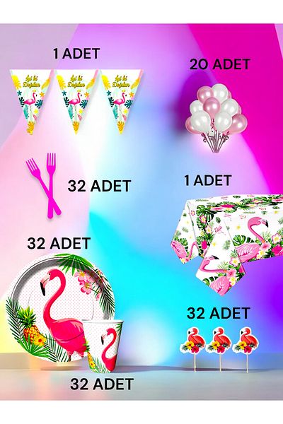 VibeHome Flamingo Themed L Pack for 32 - Birthday Party and Fun Events
