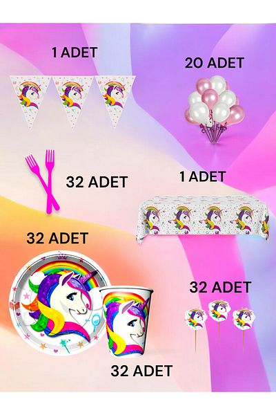 VibeHome Unicorn Themed L Package for 32 - Birthday Parties and Fun Events