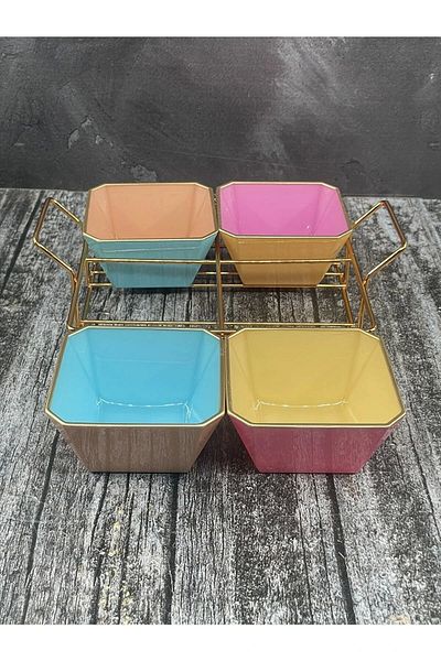 Royaleks 4 Compartment Presentation Holder with Gold Stand - Glass Breakfast Colored Snack Bowl