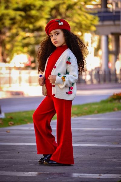 Marka Sensin Kids Girl's Cherry Patterned Design Dress 4-Piece Knitwear Set