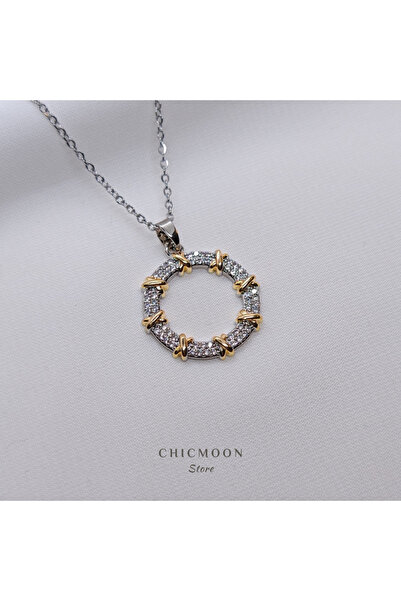 CHICMOON STORE قلادة دائرية من الفولاذ مزدوجة اللون