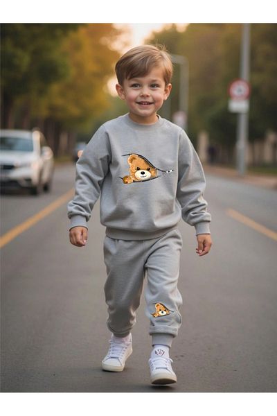 DUBU BUTİK Zip Bear Printed Cotton Kids Crew Neck Set - Gray Jogger Printed Girls Boys
