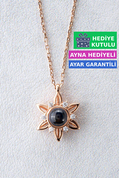 Jewelmim Yüz 100 Dilde Seni Seviyorum Yazan 18 Ayar Rose Altın Kaplama 925 Ayar Kadın Gümüş Çiçek Kolyesi