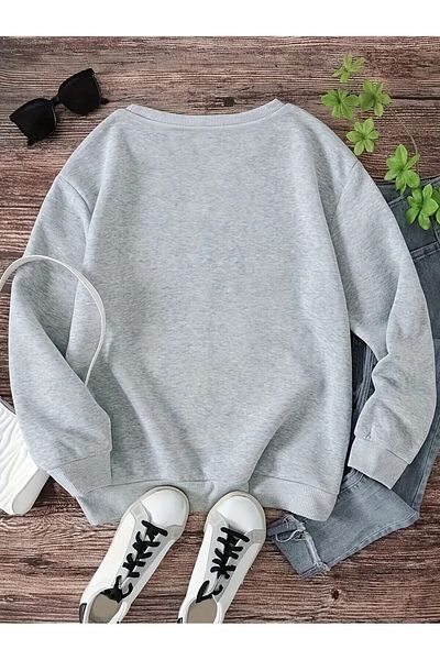 LAND MODA Φούτερ Unisex Γκρι Crew Neck Leopard Tiger Pattern