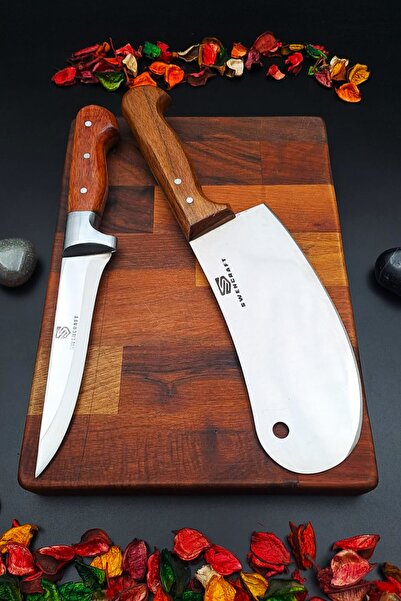 SWENCRAFT Set of 2 Wooden Meat Bread Crushing Dumpling Onion Pita - Chef Knife and Pizza Cutter