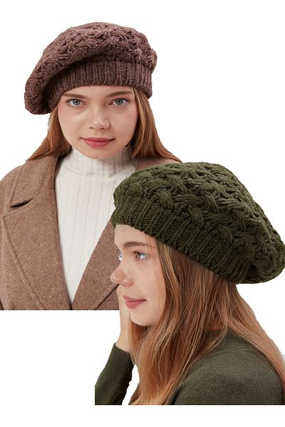 derikem 2-Piece Women's Winter Stylish Knitwear Painter Knitted Beret 2 Pieces