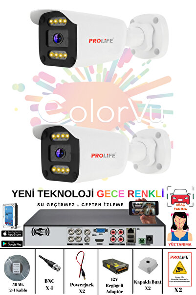 PROLİFE 2 Li 5 Mp Full Hd Gece Renkli 8 Warm Ledli Yüz Ve Araç Algılamalı Kuruluma Hazır Kamera Sistemi