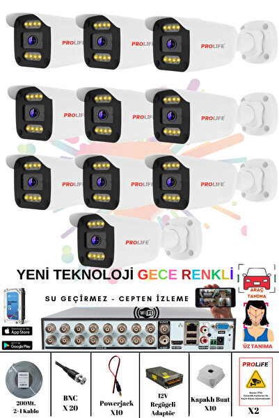 PROLİFE 10 Kameralı Yeni 5 Mp Warm Led Yüz Ve Araç Algılamalı Gece Renkli Gösteren Güvenlik Kamerası Seti
