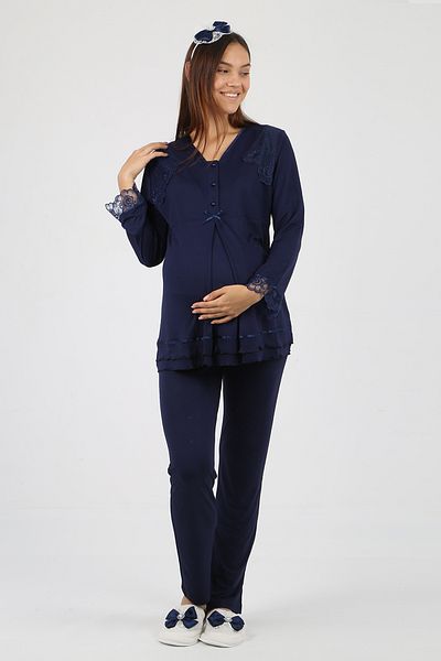 lohusahamile Effortt Maternity Pajama Set - Navy Blue Lace Detail