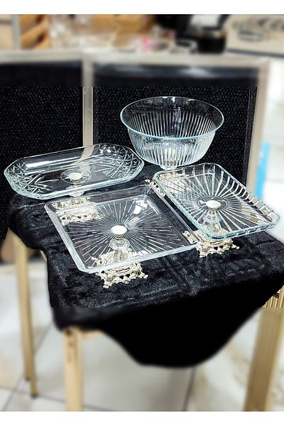 SEÇKİNEV Silver 4 Piece Table Presentation Plate Set with Casting Legs