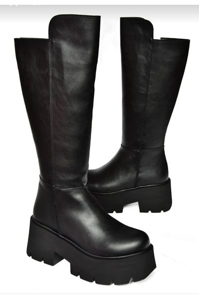 MİSS PARK MODA Дамски ултра леки ботуши с платформа и сватбен ток, черни, от естествена кожа