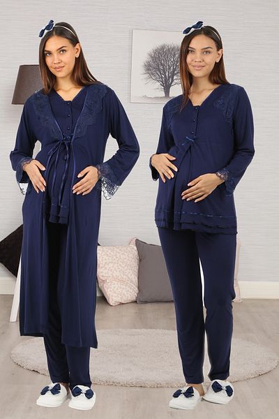 lohusahamile Maternity Sleepwear and Dressing Gown Set - Navy Blue Lace Effortt