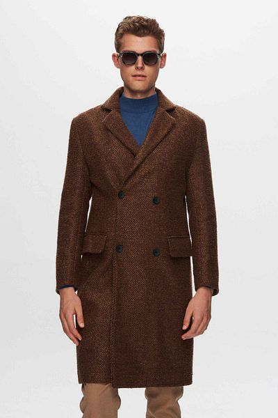 Twn Slim Fit Brown Curly Woolen Coat