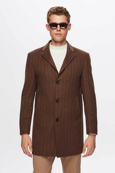 Twn Brown Striped Slim Fit Woolen Coat