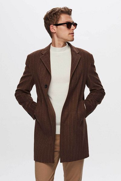 Twn Brown Striped Slim Fit Woolen Coat
