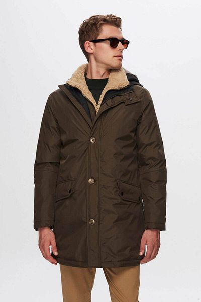 D'S Damat Regular Fit Khaki Collar Removable Fur Coat