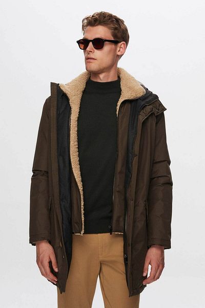 D'S Damat Regular Fit Khaki Collar Removable Fur Coat