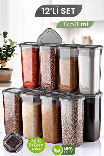 MYBOX Set of 12 Square Food Storage Containers with Labels - Leak Proof Lid Pulses Storage Box 1750ml