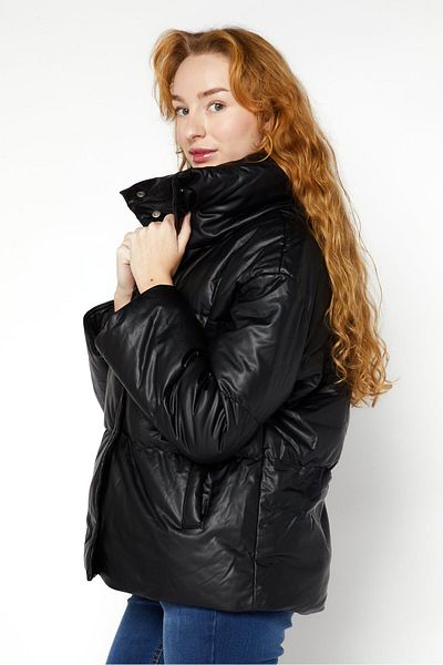 Bagatelle Women Turtle Neck Long Sleeve Faux Leather Puff Outwear Jacket, Black