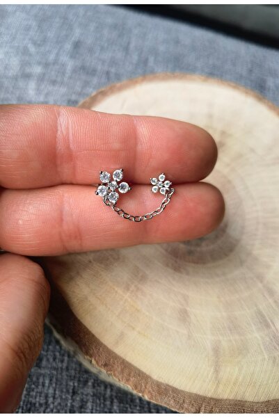 Bylin Çift Çiçekli, Zincirli Cerrahi Çelik Piercing Küpesi- Bar Uzunluğu 6 mm...