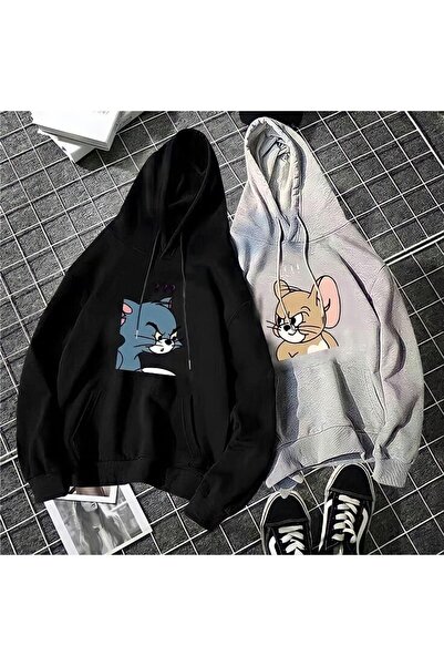 Tarzsokak Siyah Gri Tom Ve Jerry Sevgili Çift Kombini Kapüşonlu Sweatshirt 2'...
