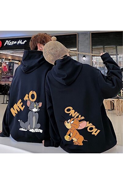 Tarzsokak Set de 2 hanorace oversize cu glugă pentru cupluri, negre, cu mesaj...