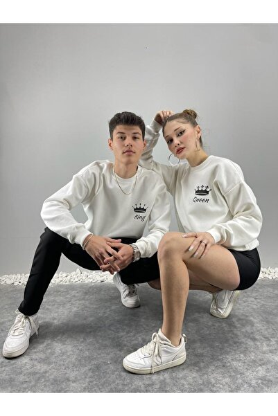 Tarzsokak Unisex Beyaz King Baskılı Oversize Sevgili Çift Kombini 2'li Set TY...