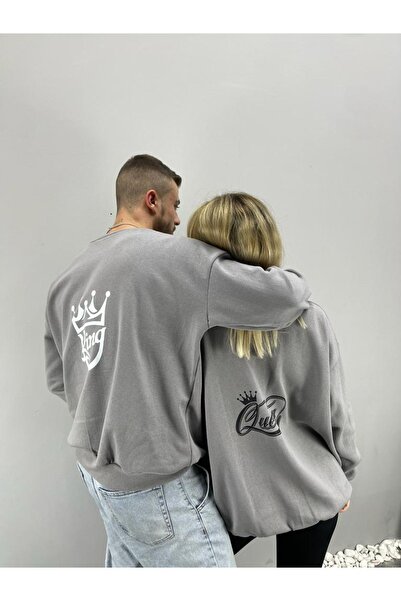 Tarzsokak Unisex Gri Oueen Imprimat Oversize Crew Gât Cuplu Îndrăgostit Combi...