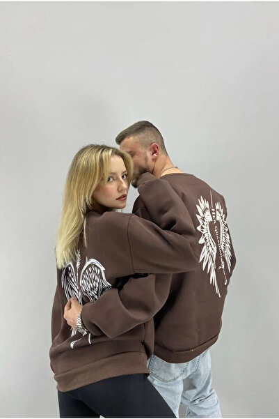 Tarzsokak Unisex Kahverengi Melek Kanadı Baskılı Bisiklet Yaka Sevgili Çift K...