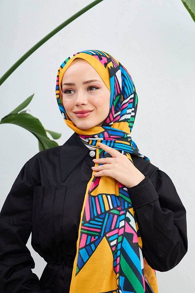 İpekhan Geo Ethnic Soft Shawl Mustard 3039-01