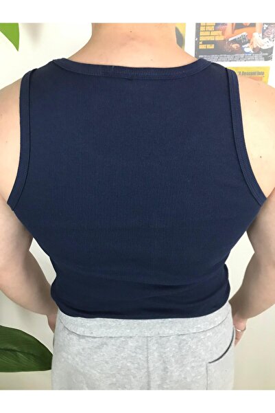 DUNGA Erkek Gece Mavisi Fitilli Atlet - Likralı Pamuk Kaşkorse Halter Yaka Tank Top Atlet