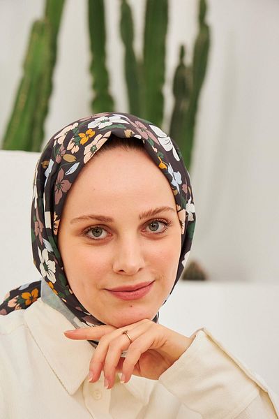 İpekhan Βαμβακερό σάλι με σχέδιο Amelia Μαύρο Καφέ 3025-19
