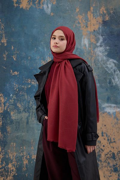 İpekhan Red Square Patterned Cotton Jacquard Shawl - 8012-15