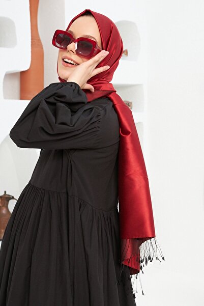 İpekhan Red Black Plain Double Sided Silk Shawl Model