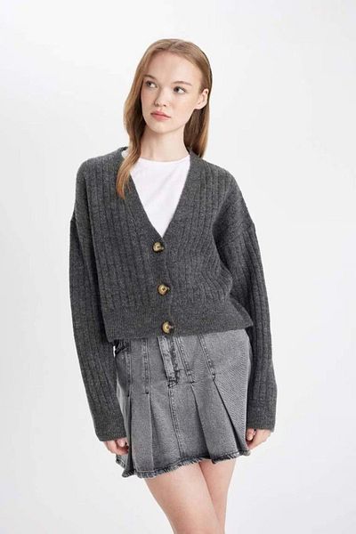 DeFacto Ribbed V Neck Oversized Crop Cardigan