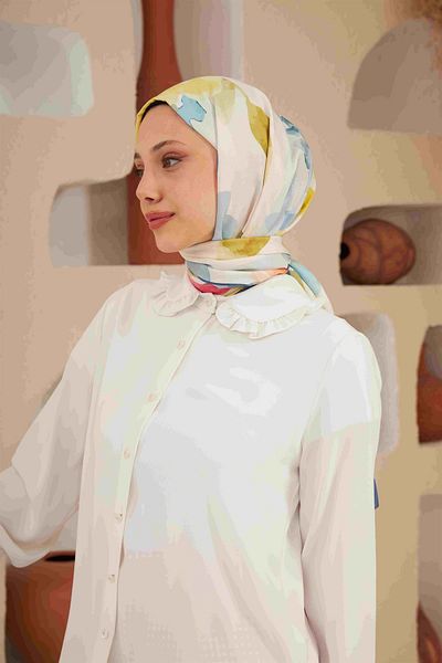 İpekhan Blue Comfort Flowers Shawl Cyan - 3027-06