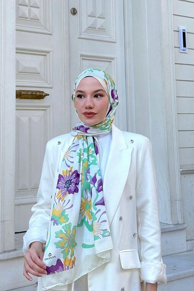 İpekhan شال ناعم من Nature Freesia باللون الأبيض والأرجواني 3038-09