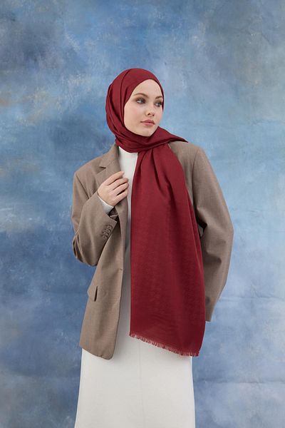 İpekhan Red Houndstooth Patterned Cotton Jacquard Shawl - 8011-15