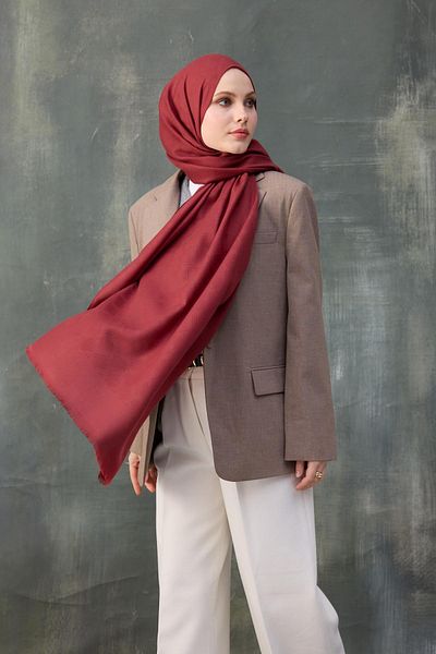 İpekhan Red Wave Patterned Cotton Jacquard Shawl - 8010-15