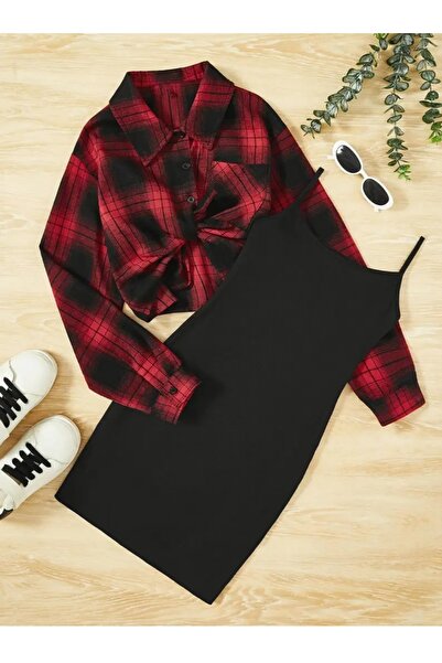 shop ekose cıtlı gömlek elbise 2 li kombin